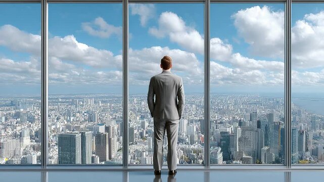Visionary Vantage Point: A sharp business person gazes out from a modern skyscraper window, looking over a bustling cityscape, symbolizing ambition and strategic planning.