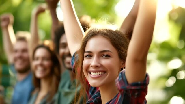 Multi-ethnic friend group celebrating together in green park, arms raised in excitement, summer bonding experience, joyful gathering, warm sunlight filtering through trees, defocused natural