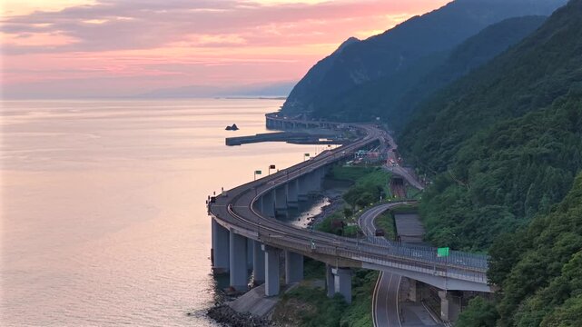 Aerial view of bridges near the sea, creating a contrast between the pink sky and the green mountains, Sendai, Miyagi, Japan.