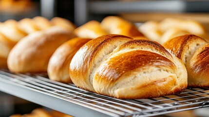 This image showcases a selection of beautifully baked, golden-brown bread rolls arranged neatly on a cooling rack, highlighting the art of baking and the comfort of fresh bread.
