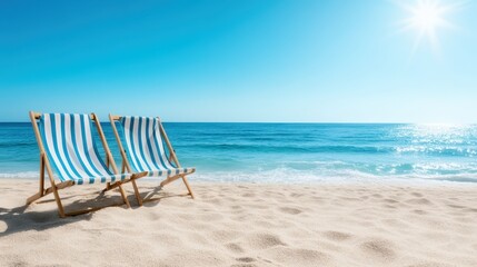 Two beach chairs sit invitingly on a sandy shore, under a bright blue sky, perfect for relaxation and enjoying the tranquility of a sunny seaside getaway.