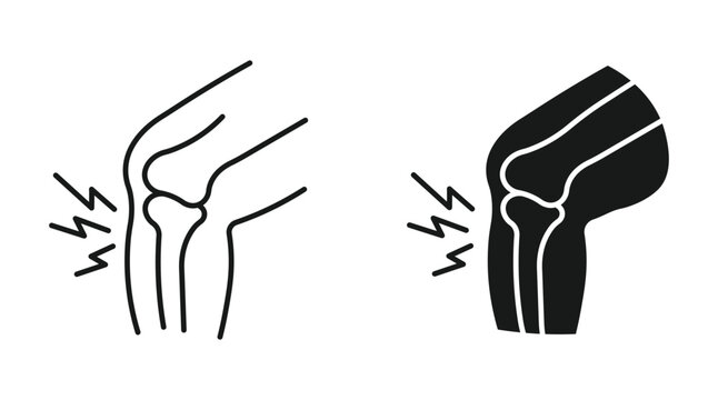 Knee joint pain icon set in outline and silhouette style for arthritis, injury, orthopedic treatment, and physiotherapy, vector illustration.