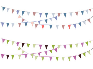 Fototapeta premium Colorful bunting flags arranged in multiple strands against a white background