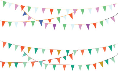 Obraz premium Colorful party bunting flags are strung across a clean white background creating a festive atmosphere