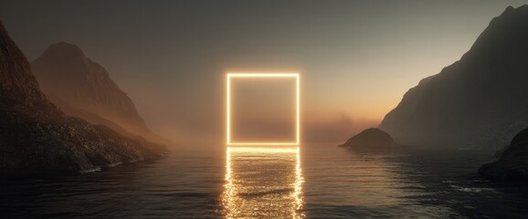 Golden glowing rectangle portal over misty water and mountains