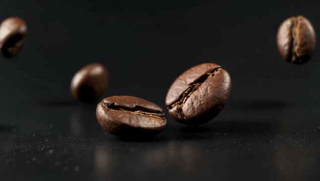 Cinematic 4K macro scene of single coffee bean spinning rapidly on dark surface before more beans spill onto the 