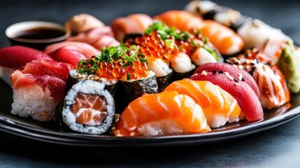 A beautifully arranged sushi platter featuring an array of sushi and sashimi, highlighting the colorful ingredients and artistry of Japanese cuisine, ideal for food lovers.