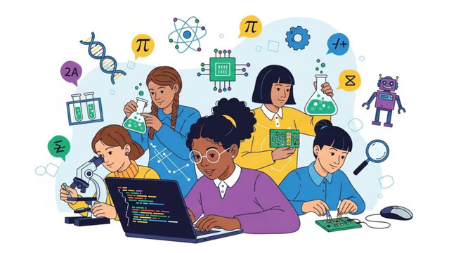 Diverse group of schoolgirls engaged in science technology engineering and mathematics education with various tools and symbols with STEM education