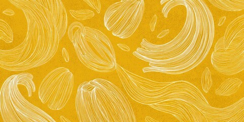 Abstract pattern of flowing, organic shapes in soft white on a mustard yellow background