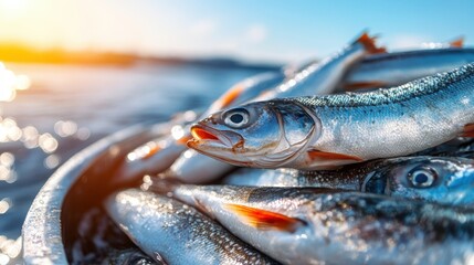 A vibrant array of fresh, silver fish shining in the sunlight, showcasing their glistening scales and inviting visual appeal for seafood enthusiasts or culinary preparations.