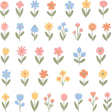 Collection of cute colorful flower elements vector, cute flower doodle and cartoon wildflower, floral plant branches, stems with blooming blossoms and leaf, colorful bouquet, foliage element