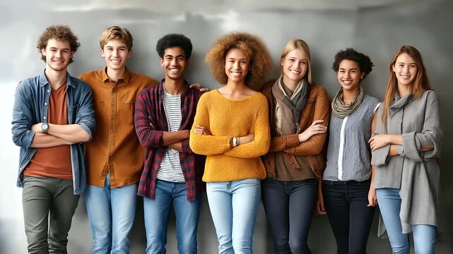 Diverse group of young people leaning on studio background, full body indoor shot, making friends and sharing opinions, multicultural connections, finding common ground, with copy space