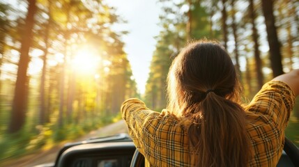 A carefree individual enjoying a scenic drive through a sunlit forest, capturing the essence of adventure and the beauty of nature on the open road.