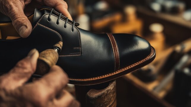 Medium shot of a cobbler carefully replacing a worn rubber heel tip on a sleek leather shoe focusing on precision and comfort enhancement techniques. - Powered by Adobe