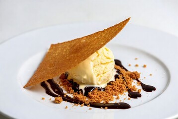 Elegant Vanilla Ice Cream Dessert: Artful Culinary Presentation with Chocolate Sauce and Biscuit Crumble