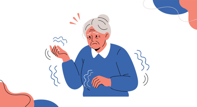 Elderly woman looks distressed while experiencing uncontrollable hand tremors, symbolizing common symptoms of age related diseases.