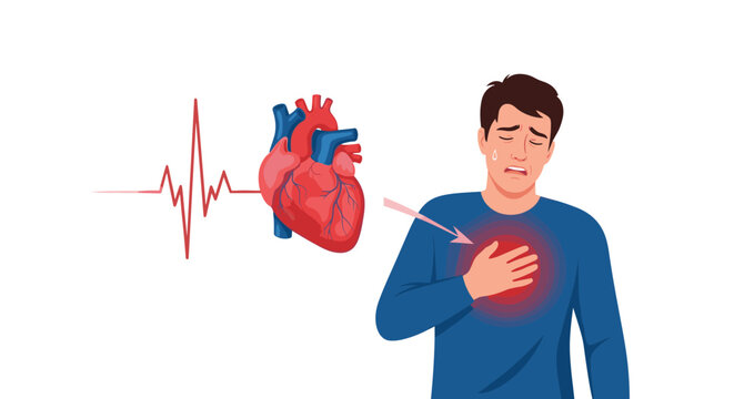 Man suffers from acute chest pain with an anatomical heart and electrocardiogram line showing the signs of a potential heart attack.