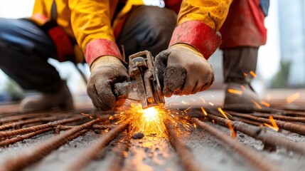 A construction worker skillfully welding metal rods, creating sparks that illuminate his focused expression and underscore the hard work and dedication required in the construction industry.