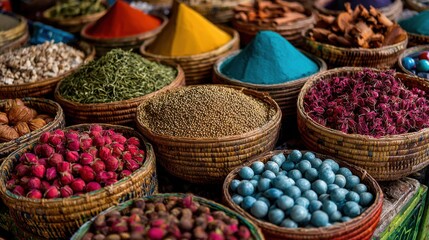 Fototapeta premium Colorful spices and dried herbs in woven baskets