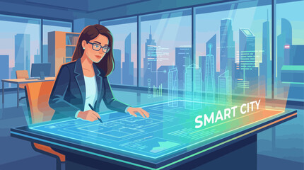 Female architect interacting with holographic smart city blueprint on futuristic desk, concept for urban planning, technology innovation and infrastructure development