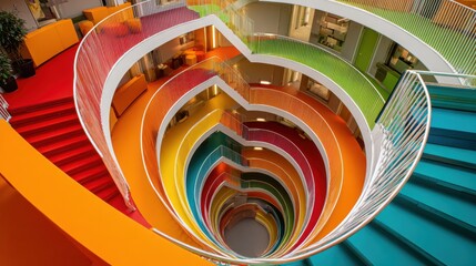 Colorful spiral staircase and walkways of modern building