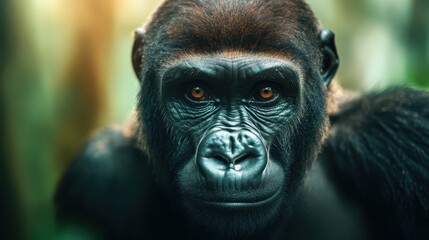 Obraz premium This stunning image captures the intense gaze of a gorilla, showcasing its expressive eyes and powerful presence in its lush, natural environment, emphasizing wildlife beauty.