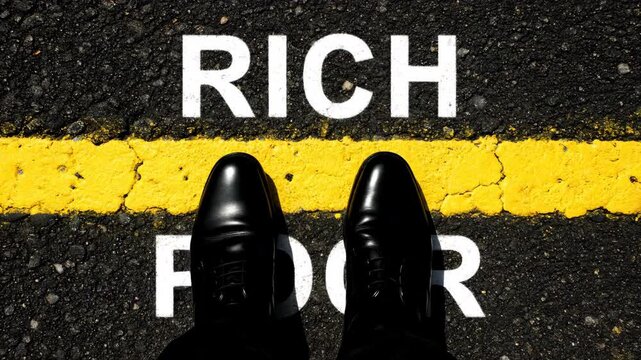Close-up overhead shot of black shoes on asphalt with a yellow line and the words 'RICH' and 'POOR' marking choices and paths.