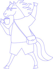 Horse Character with Coffee Mug Outline for Coloring