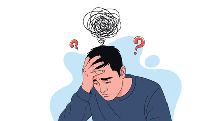 Stressed man holding head with hands while surrounded by question marks and messy thought cloud for mental health awareness.