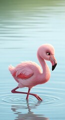 Naklejka premium Cartoon Flamingo Wading in Water - A Whimsical Wildlife Illustration.
