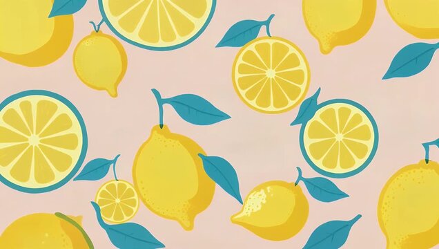 Ultra high quality 4K stop motion flat lay animation featuring playful summer composition of bright yellow blue lemons arranged into repeating pattern on soft pastel pink background designed 