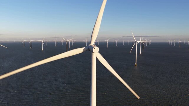 Aerial view of numerous white wind turbines standing tall in the dark blue sea under a clear sky, Breezanddijk, Friesland, Netherlands.