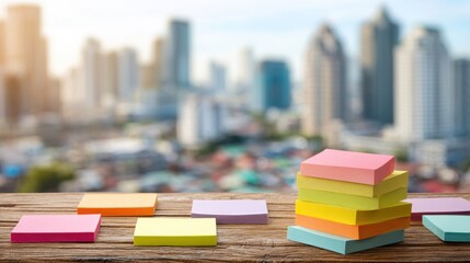 Colorful sticky notes on wooden desk urban background