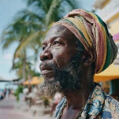 African American man with colorful head wrap stands outdoors, gazing thoughtfully, surrounded by palm trees and vibrant street life, capturing a moment of reflection and cultural richness