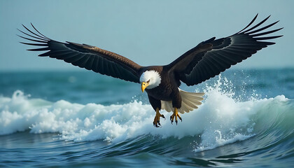 Fototapeta premium A bald eagle swooping low over crashing waves with a bright blue sky; 4K HD