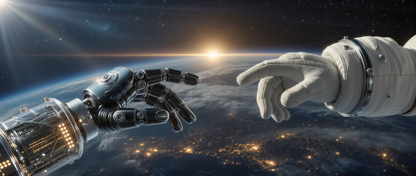 A robot hand extends toward an astronauts gloved hand in outer space, with Earth visible in the background along with a sunrise illuminating the scene.