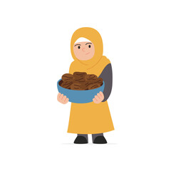 Muslim Girl Holding Dates Character Illustration