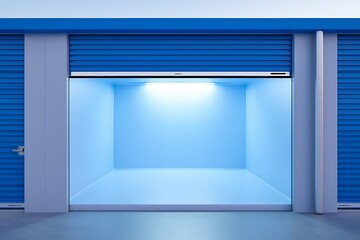 Open storage unit with blue roll-up door, showcasing a clean, minimalist interior, concrete textures, and modern industrial architecture, perfect for business, rental, or commercial use photography.