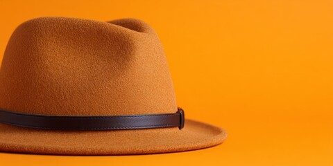 National Hat Day Close up view of a brown fedora style hat with a dark leather band against orange Everyday Hat Fashion