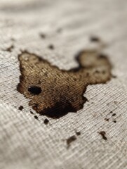 Dark brown coffee stain on textured fabric surface, showcasing intricate details of the spill and surrounding particles, creating a visually engaging composition with potential for storytelling
