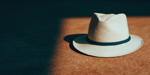 National Hat Day Close up of a light colored woven straw fedora hat with dark band resting on textured surface Everyday Hat Fashion