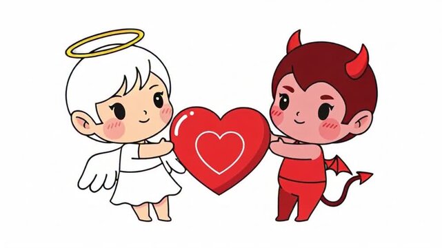 Cute angel and devil holding heart