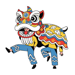 A colorful cartoon dragon with a lion-like head and decorative body wearing pants performs a lively dance against a clean white background.