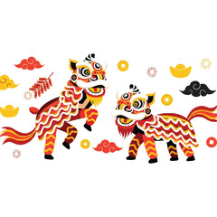 Cartoon illustration of dragon and lion dance characters in red, orange, and yellow hues with festive decorations on a white background.