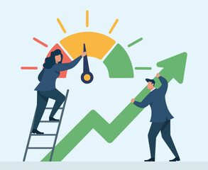 Business Performance Growth Illustration with Team Adjusting Speedometer and Upward Arrow Chart, Goal Setting, Performance Tracking, Business Growth, Teamwork Collaboration, KPI Optimization