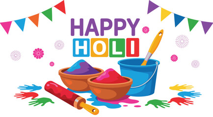 Happy Holi festival illustration with colorful powder bowls paint bucket brush roller festive Indian celebration greeting vector art design poster