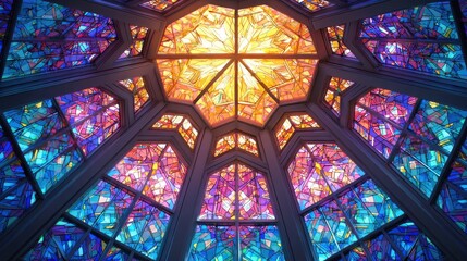 Ornate stained glass ceiling with vibrant colorful patterns