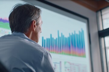 Business professional analyzing data trends on a large screen, showcasing colorful graphs and statistics, reflecting insights into performance metrics and analytics in a modern office environment