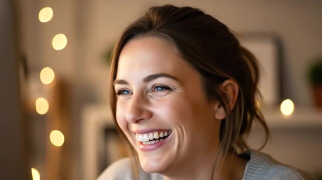 Woman genuinely laughing while working from home on computer screen