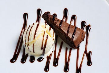 Gourmet Chocolate Cake with Vanilla Ice Cream and Chocolate Sauce: Dessert Plating Art for Restaurant Menus and Food Lovers